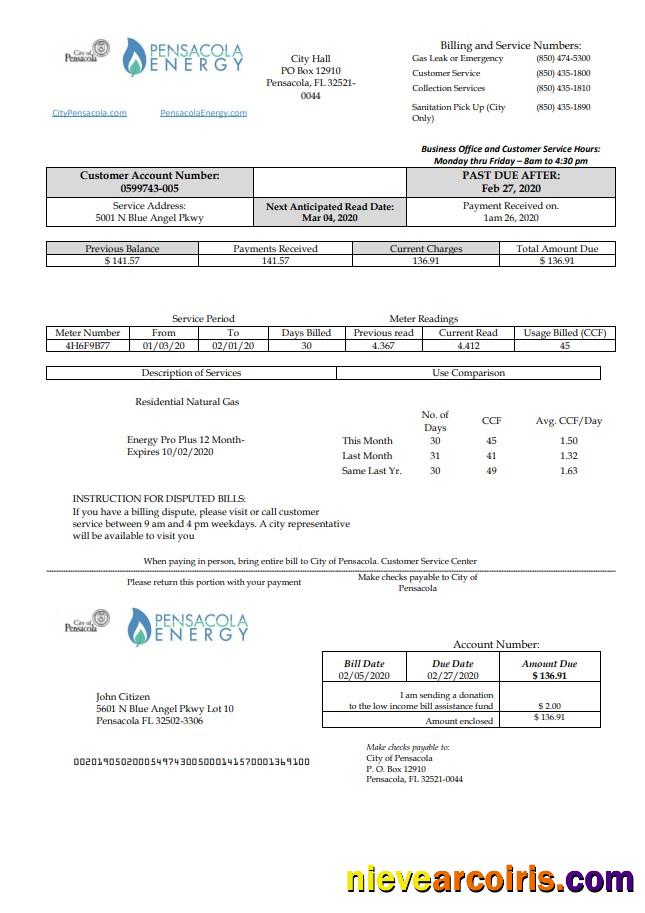 USA Florida Pensacola Energy utility bill